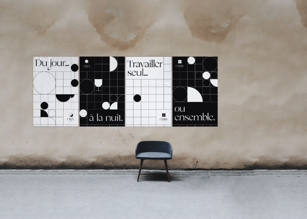 Mockup of a building wall outside with 4 posters advertising the CRCL hotel, one next to the other.