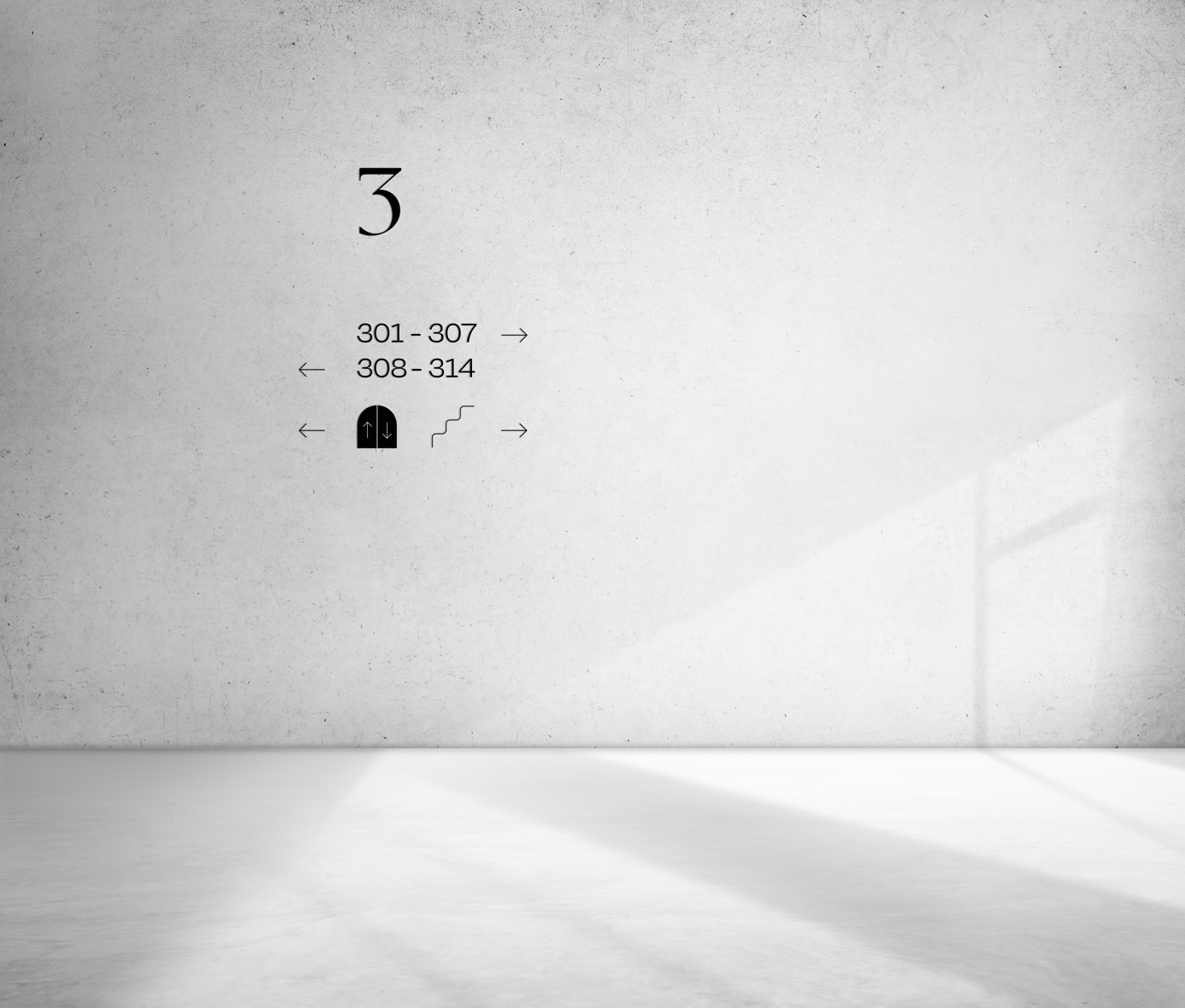 Mockup of concrete wall showing signage and directions for rooms, elevators and stairs.