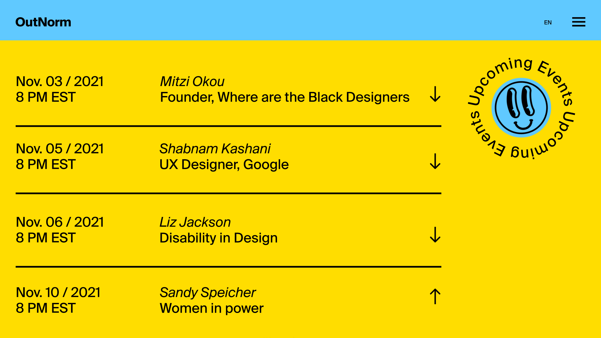 Website calendar, showing a yellow background with dates and names of events.