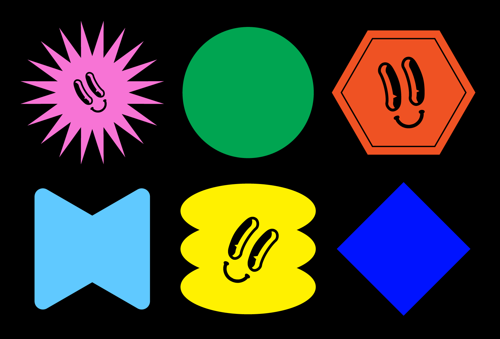 Shapes of different sizes and colours on top of a black background.
