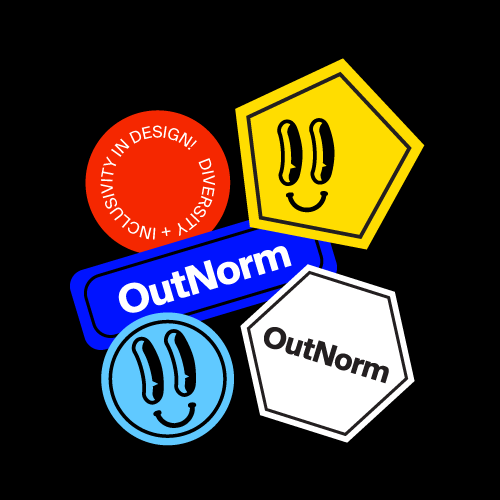 Mockup of stickers using the branding's shapes and colours.