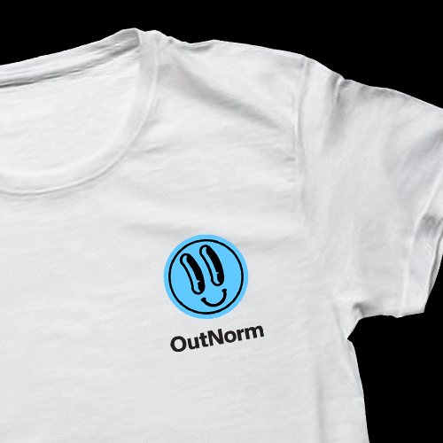 Mockup of a white t-shirt with a blue circle with a face inside of it.