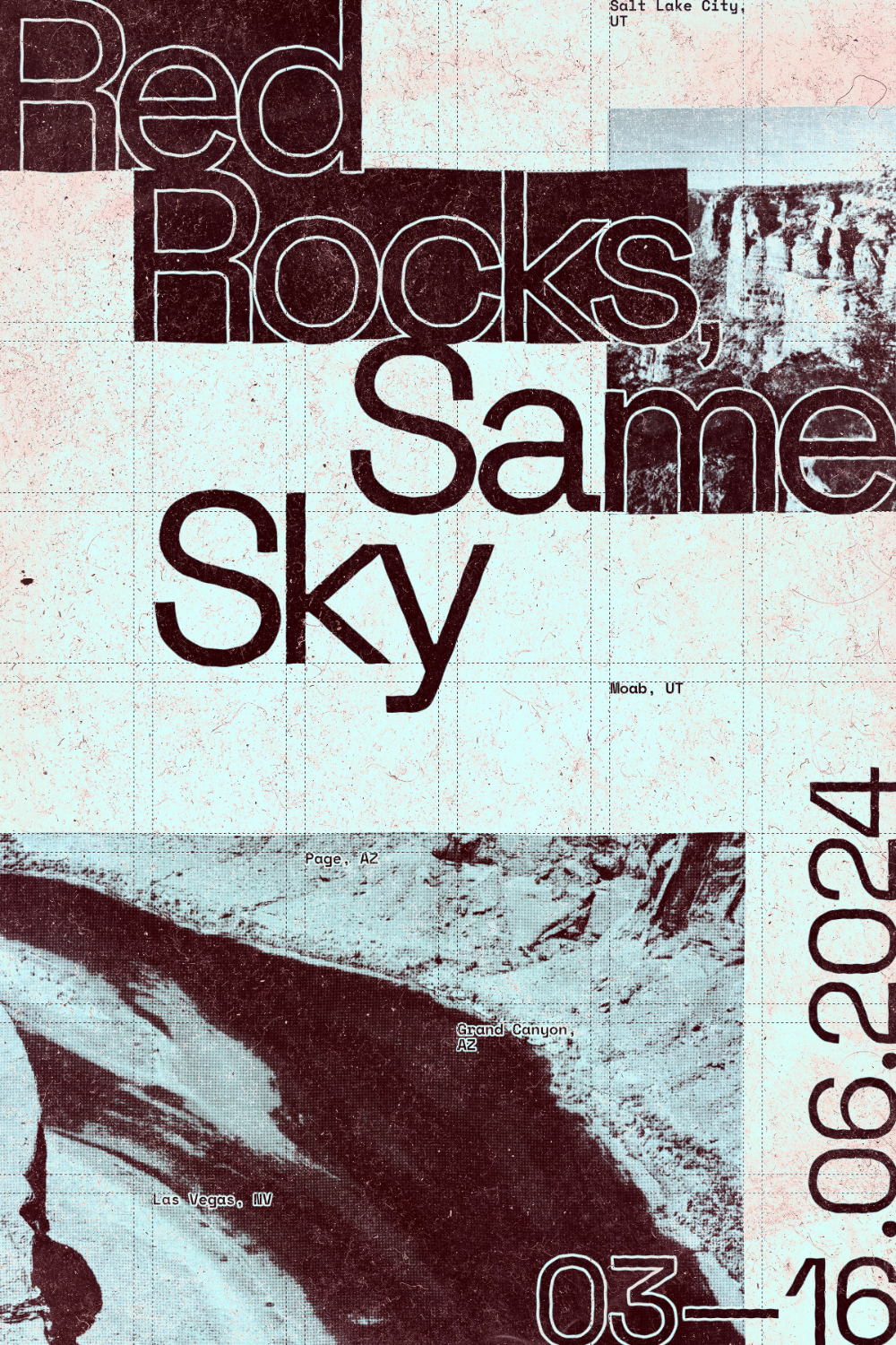 Poster titled Red Rocks, Same Sky. Has two images in duotoned colors.