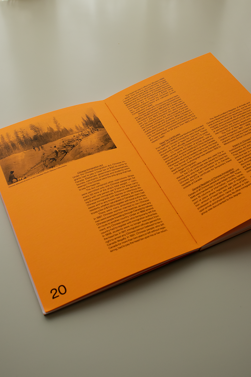 Double page with an orange background with a layout of text and an image.